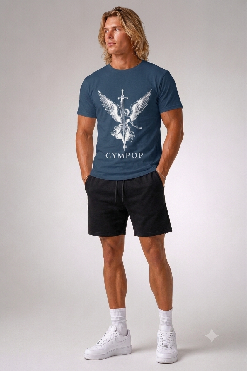 A man modeling a navy blue t-shirt with a white winged medical symbol and the word 'GYMPOP' printed on the front, paired with black shorts, white socks, and white sneakers against a light gray studio background.