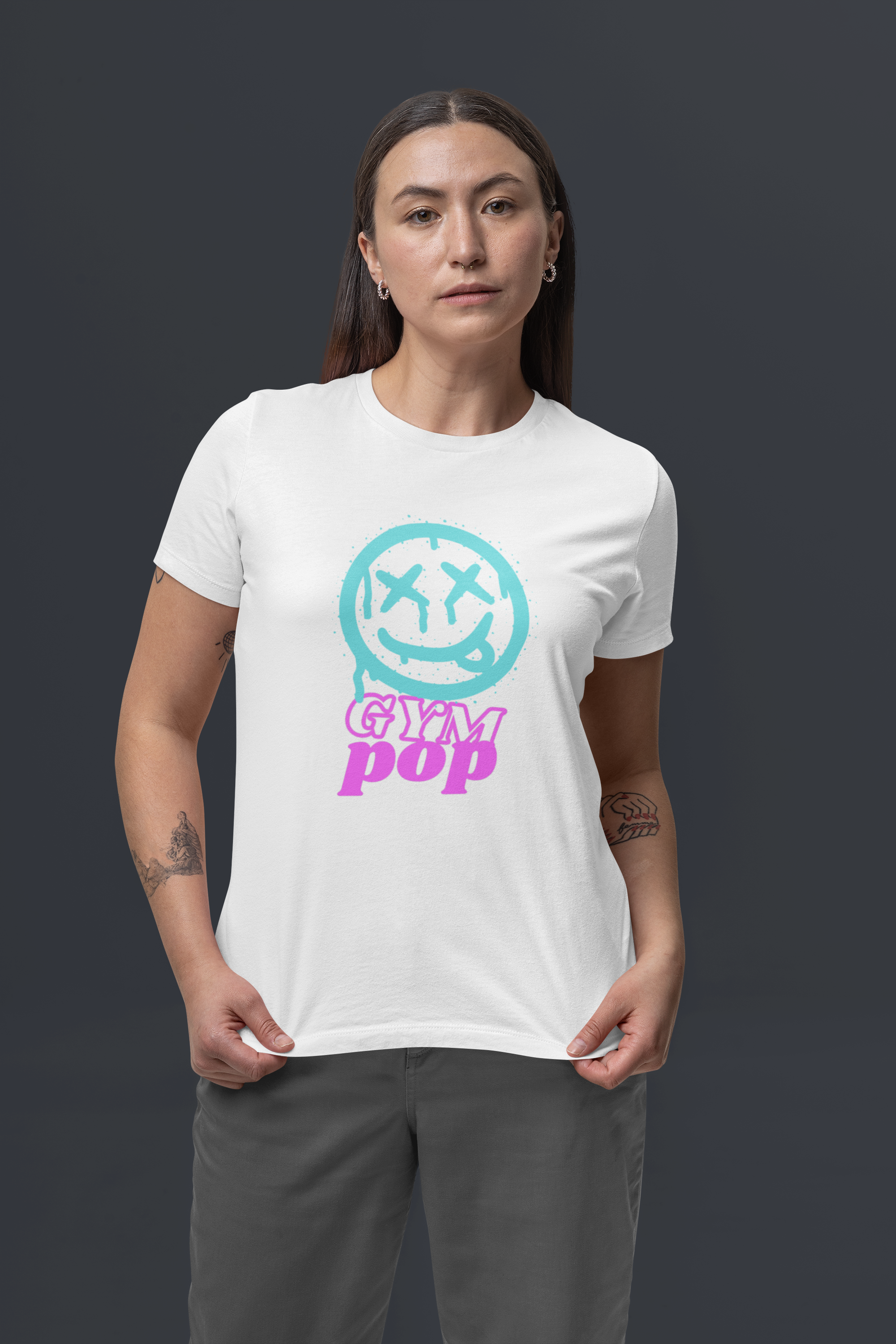 Gympop graffiti smiley signature T-shirt featuring bold, colorful graffiti-style smiley design on a casual tee.