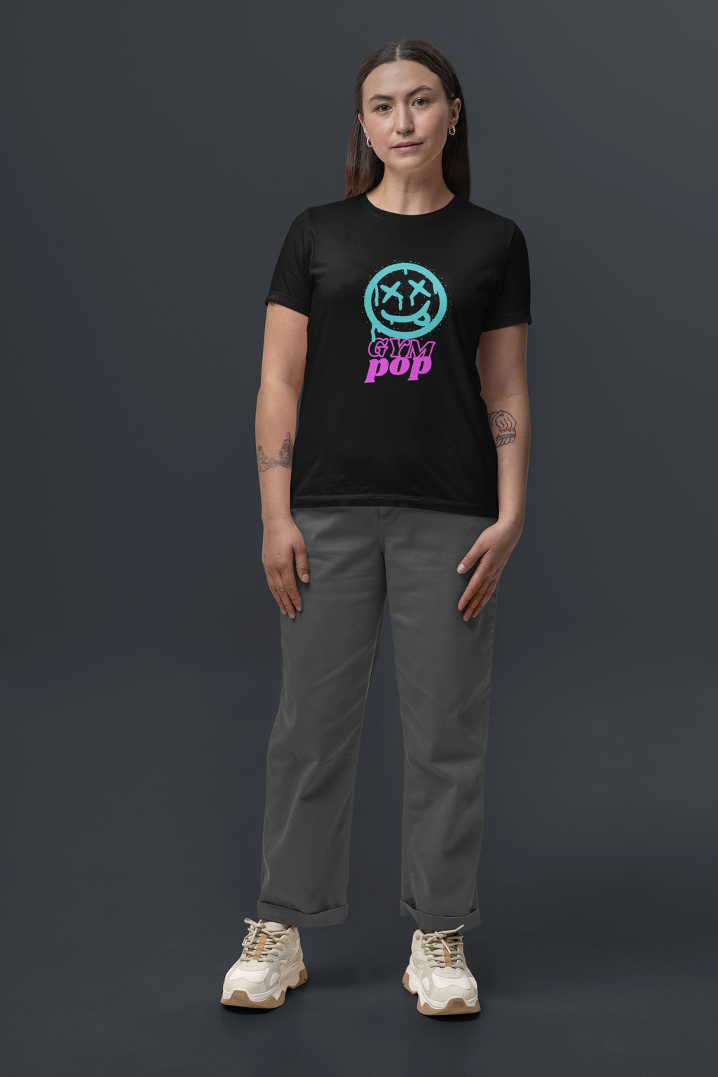 Black Graffiti Smiley Signature Tee by Gympop featuring vibrant graffiti-style smiley face graphic on the front.