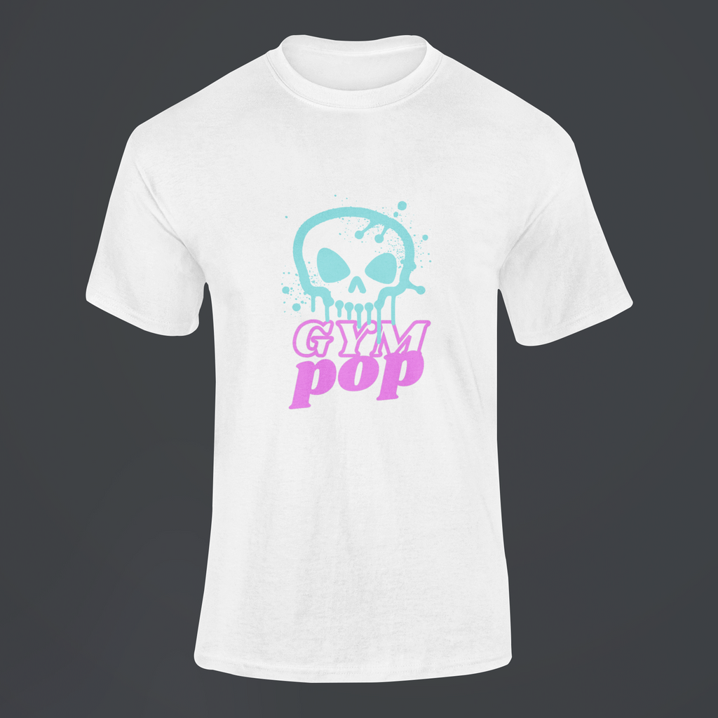 Flat lay of Gympop graffiti skull signature T-shirt featuring bold skull graffiti artwork on soft cotton fabric.