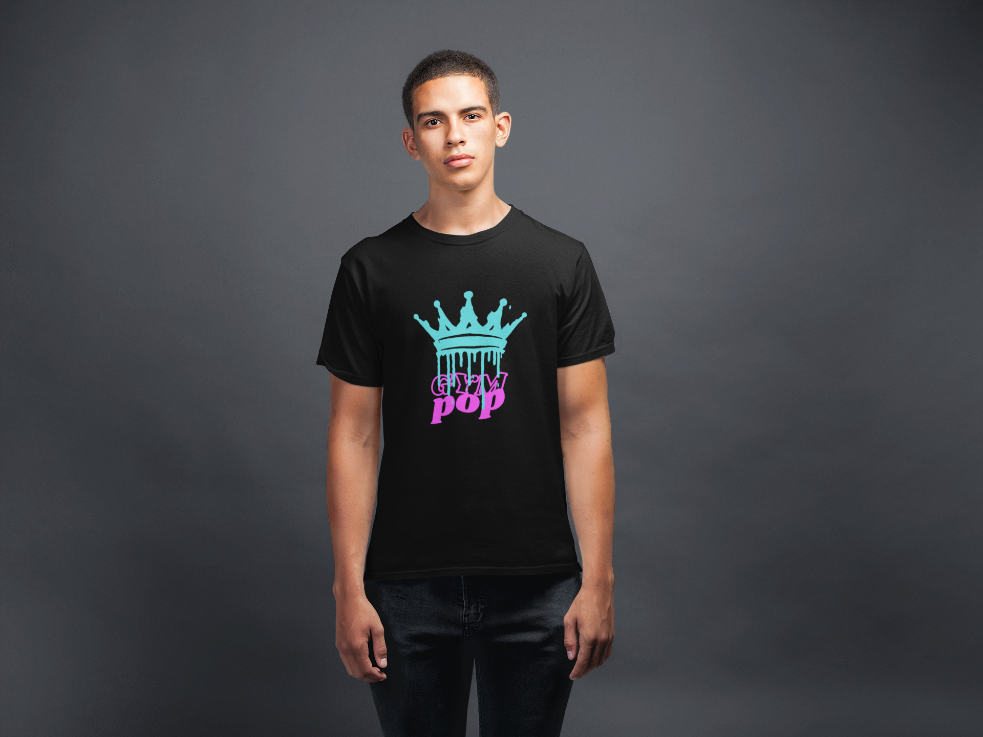 Black Graffiti Crown Signature Tee by Gympop featuring bold crown graphic and relaxed fit, displayed flat on a white background.