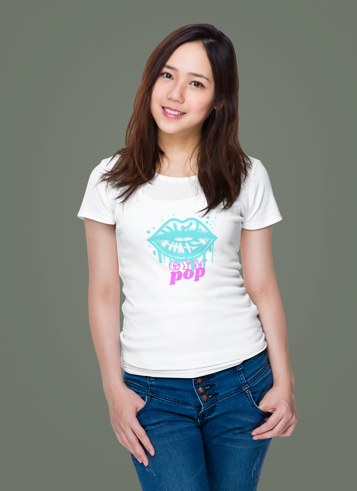 White Graffiti Lips Signature Tee by Gympop featuring bold lip graphic design on the front.