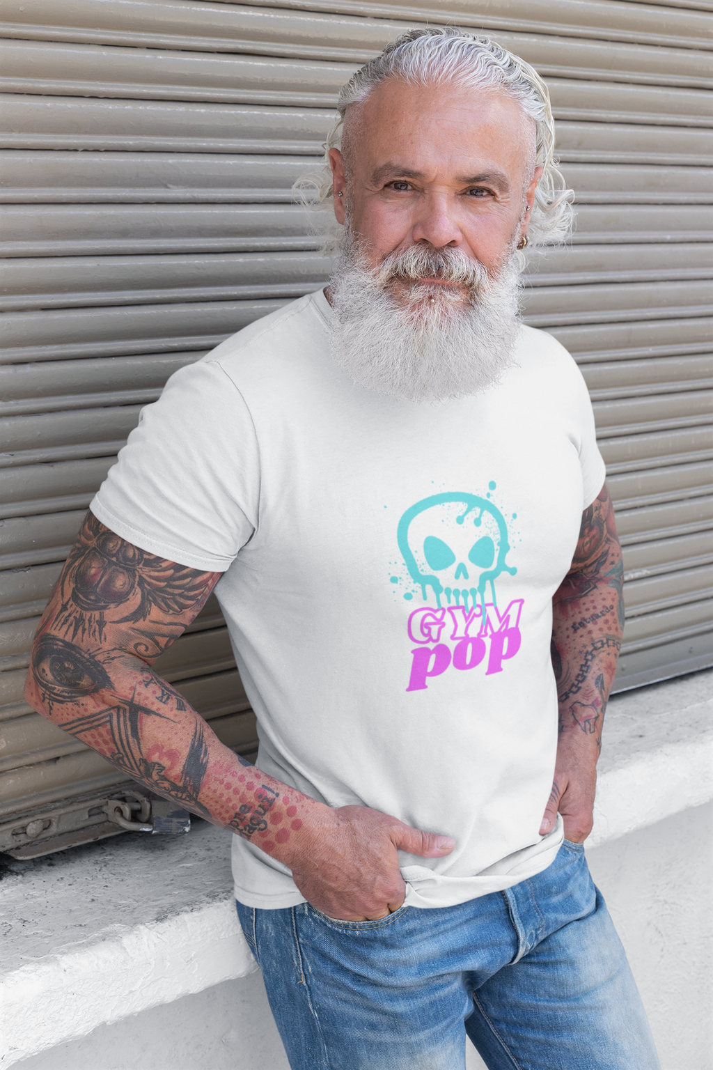 White graffiti skull graphic tee by Gympop featuring bold, urban-inspired signature skull design on soft cotton fabric.