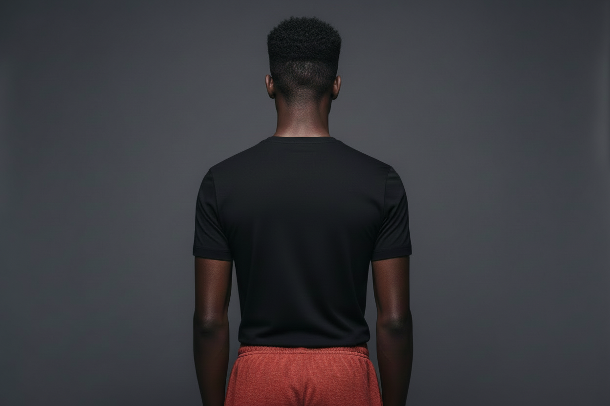 a plain black tee but make the model lighter with shorter hair and more muscle 