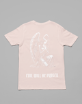 A light pink short-sleeve t-shirt shown from the back, featuring a white line-art graphic of a kneeling angel and the text 'EVIL WILL BE PURGED' printed below it, set against a solid gray background.