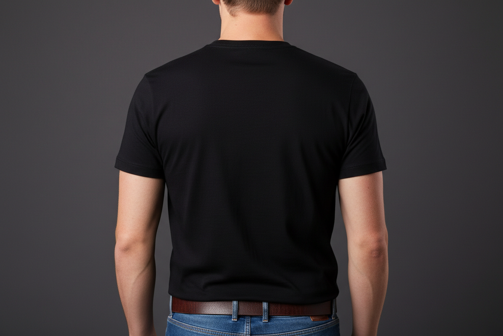 back view of a white male in a black tshirt from the waist up showing the top of his jeans on a #2b2e34 back ground