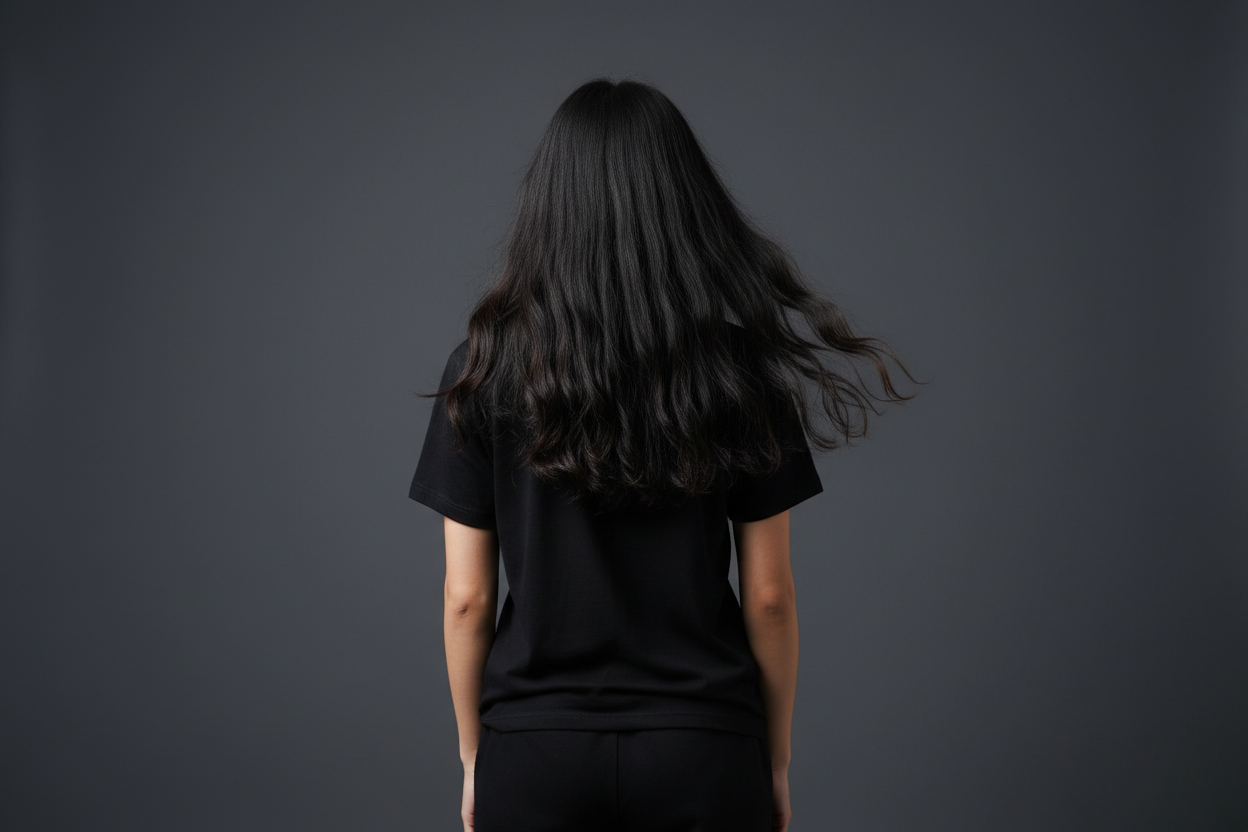 back view of a woman from the top of her joggers in a black tee with black long hair on a #2b2e34 background