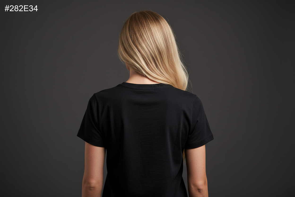 back view of a woman with long blonde hair in a black tee on a #2b2e34 background