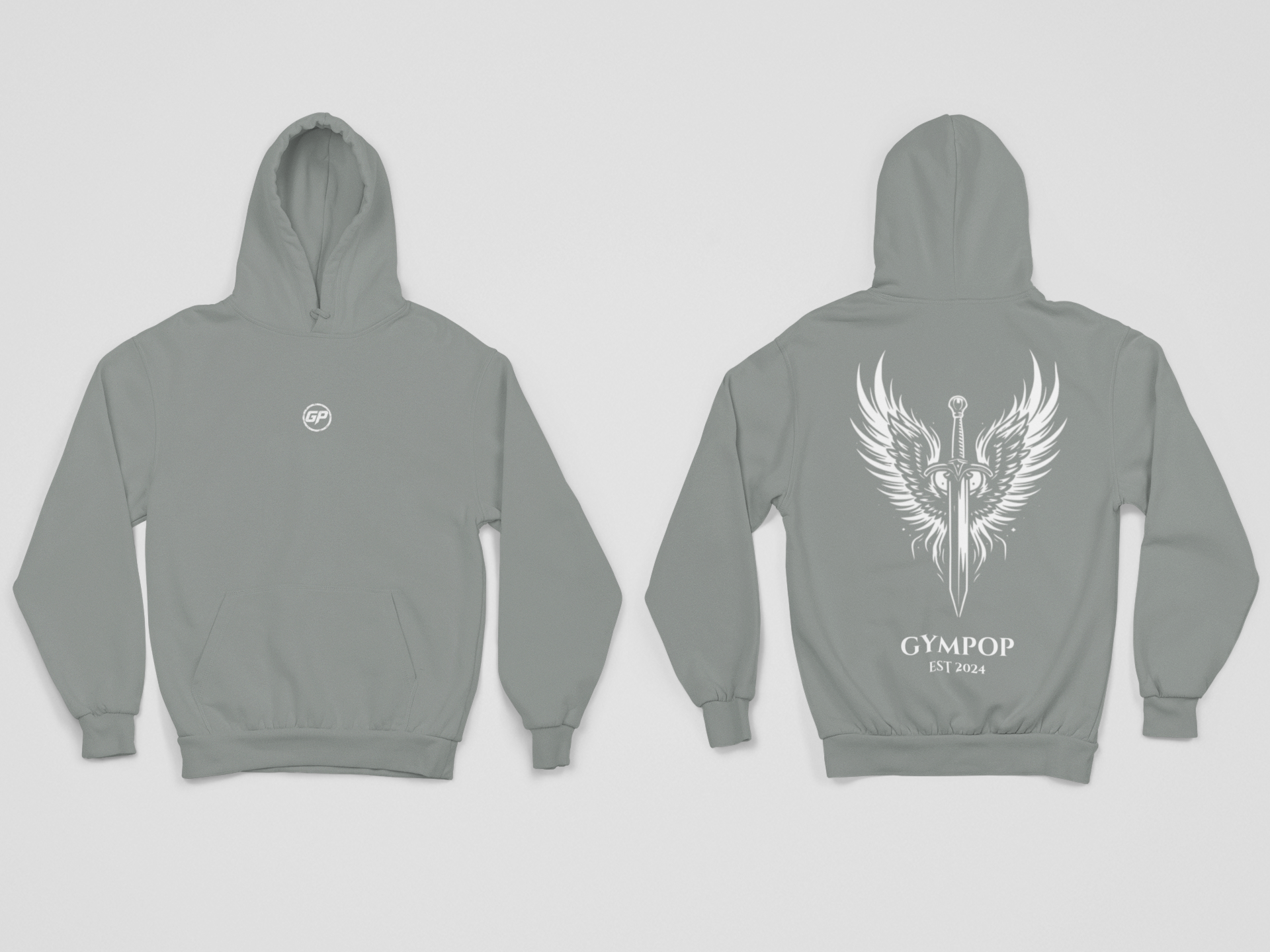 a sports grey  casual fit gym hoodie with a winded sword design on the back and a GP log on the front on a grey background