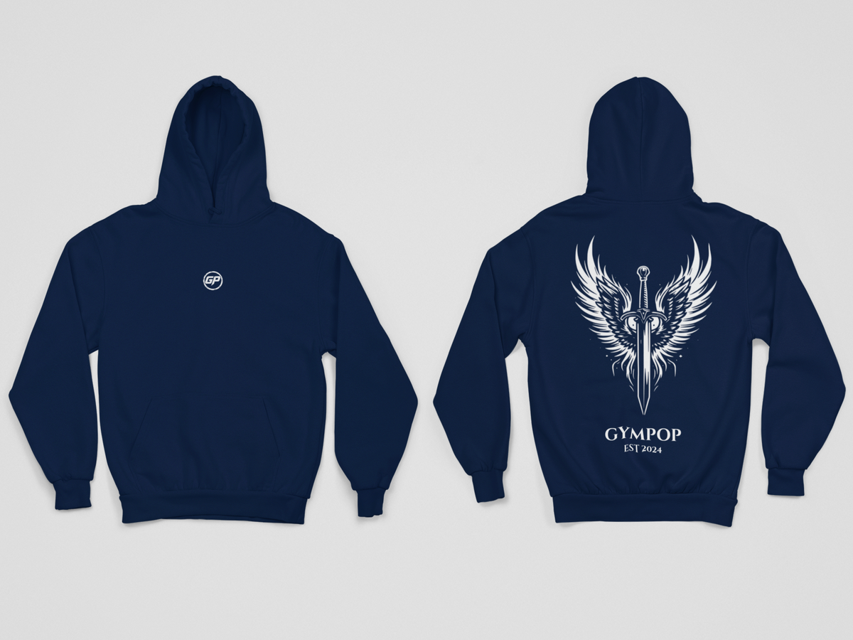 a navy casual fit gym hoodie with a winded sword design on the back and a GP log on the front on a grey background
