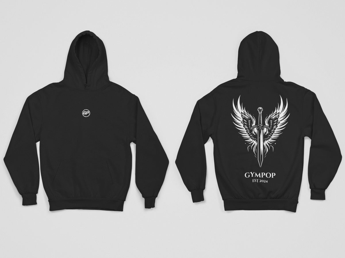 black casual fit gym hoodie with a winged sword design on the back and a GP logo on the front in alight grey background 