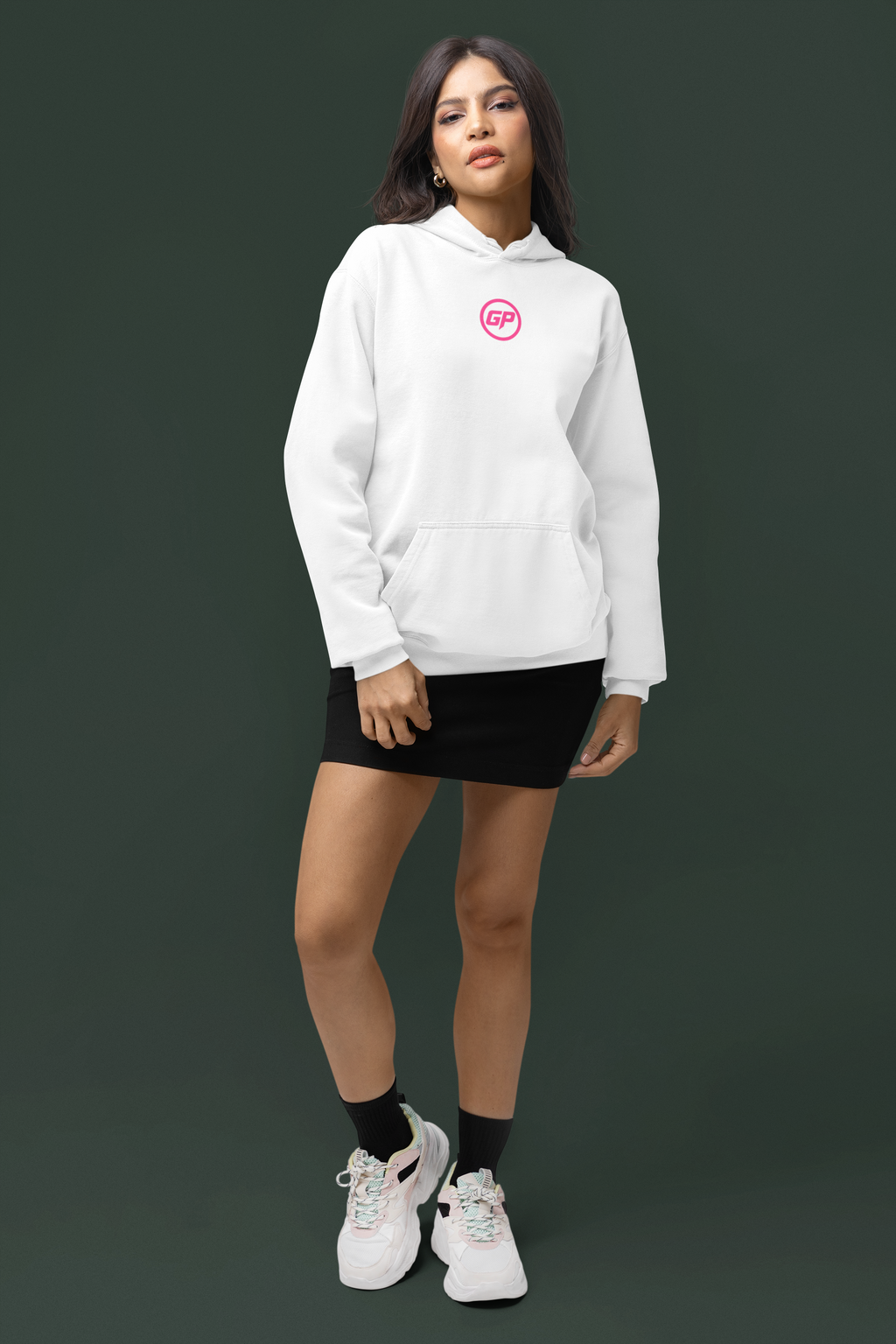 Comfort Colors women's gym hoodie by Gympop with customizable sleeves, shown worn by a woman in a studio setting.