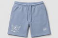 Light blue sweat shorts with a white angel graphic on the left leg and a circular 'GP' logo on the right leg, shown flat on a light gray background.