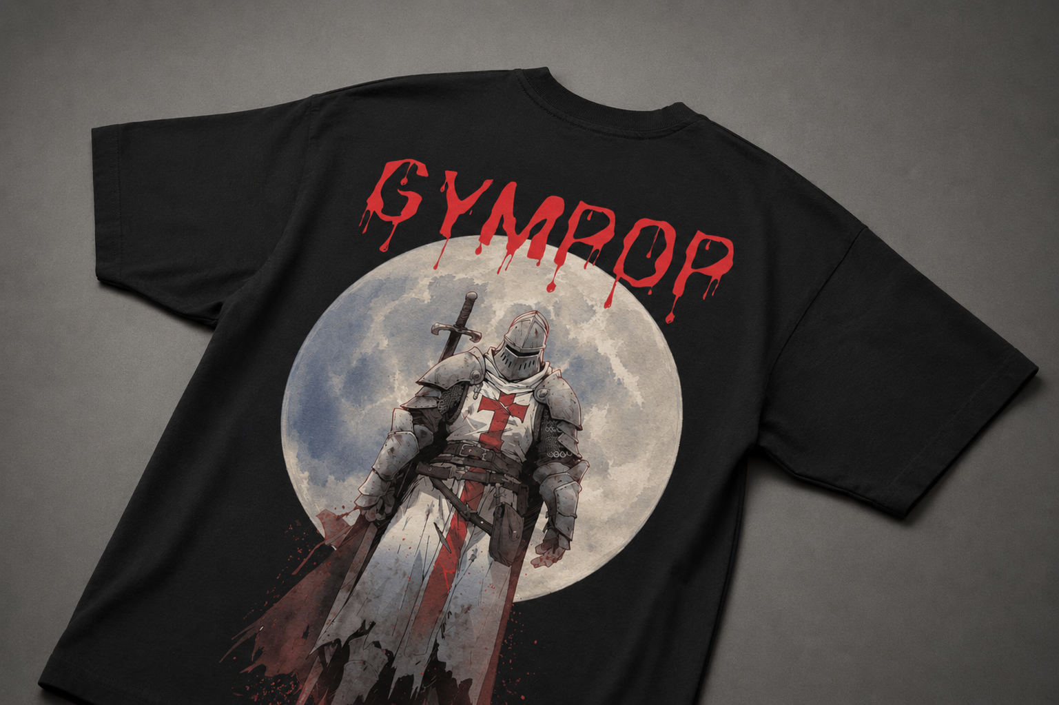 A black short-sleeve t-shirt laid flat on a dark gray background, featuring a large graphic print on the back. The design shows a knight in armor with a red cross on the chest, standing in front of a large gray moon, with the word 'GYMPOR' printed in dripping red letters above.