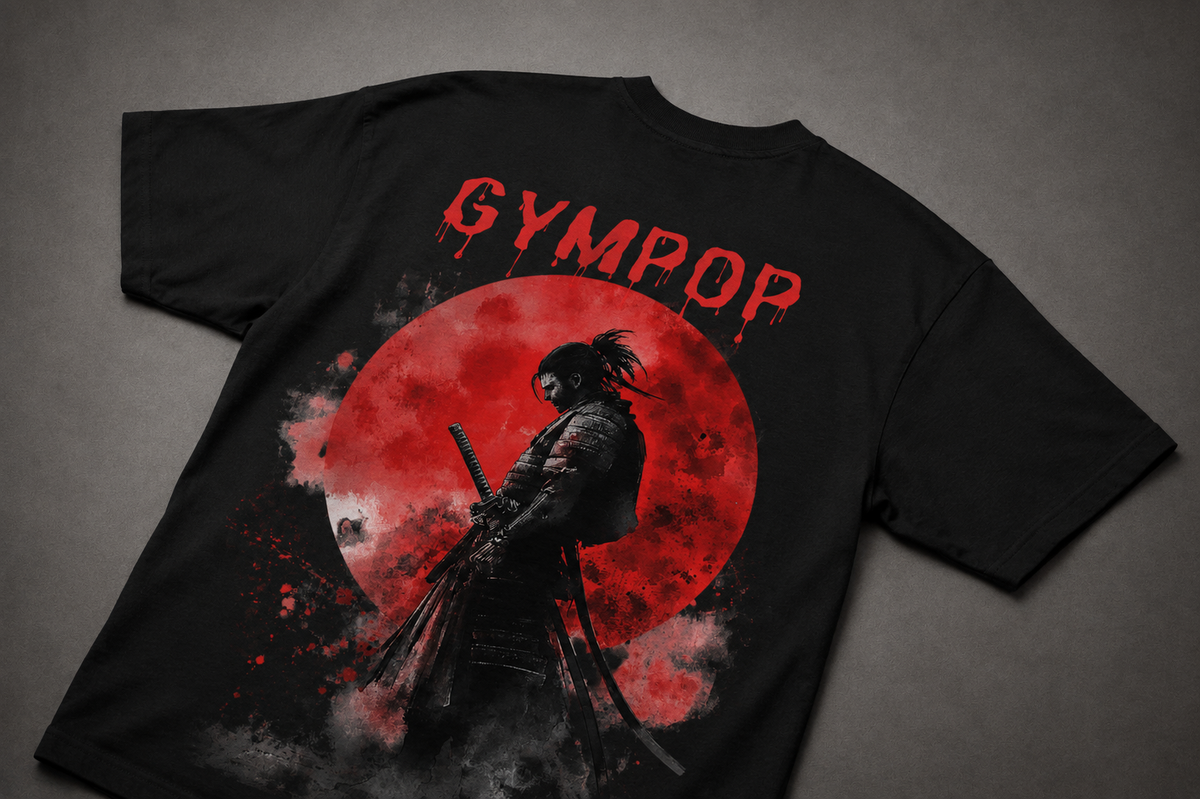 A black short-sleeve t-shirt laid flat on a dark gray textured background, featuring a large graphic print on the back with the word 'GYMPOP' in red dripping letters above a samurai silhouette in front of a large red full moon.
