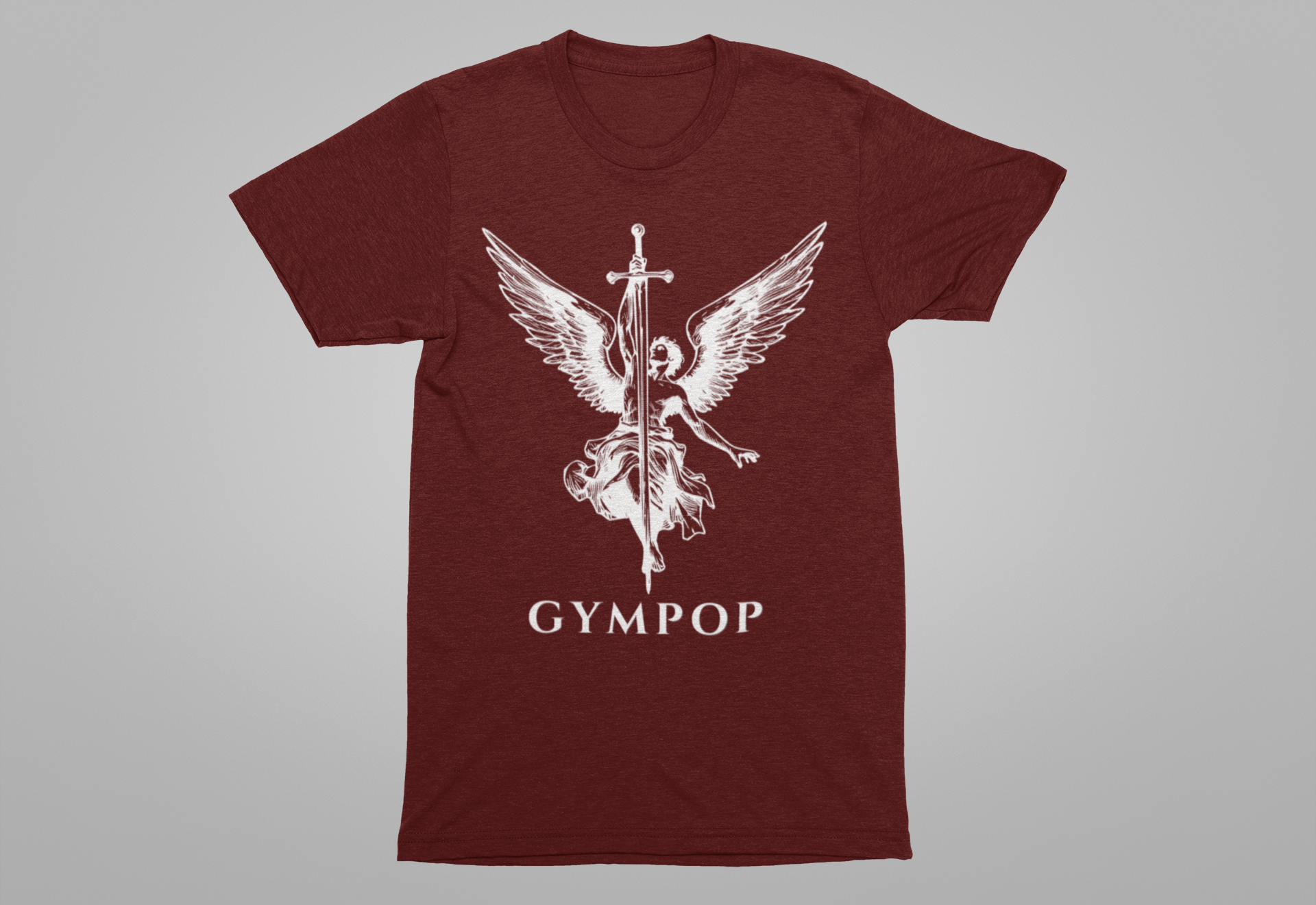 A heathered maroon short-sleeve t-shirt with a white graphic of an angel holding a sword and the text 'GYMPOP' printed below, displayed on a neutral gray background.