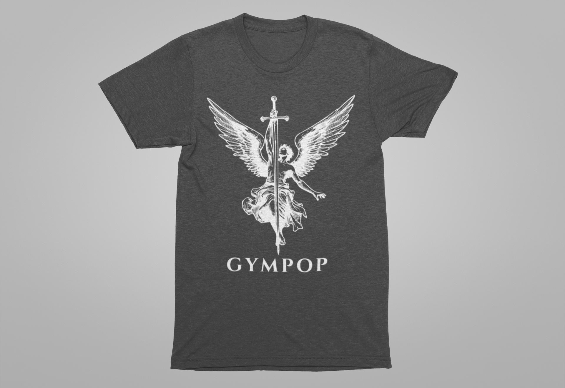 A dark heather gray t-shirt featuring a white graphic of an angel with wings holding a sword, with the text 'GYMPOP' printed below, displayed on a neutral gray background.