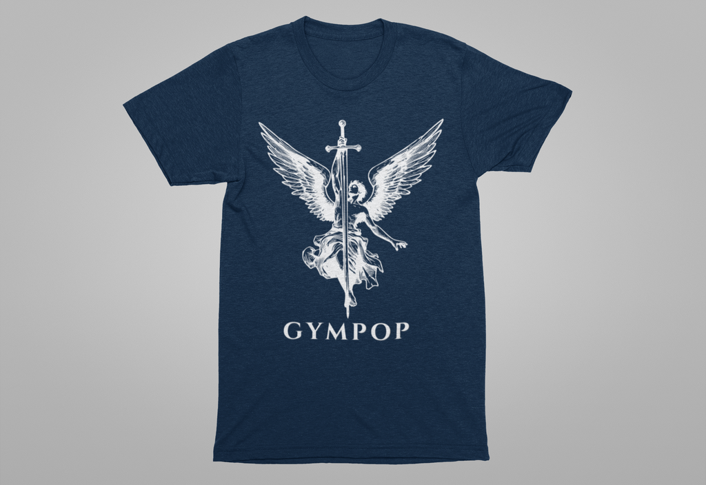 A navy blue heather crewneck t-shirt featuring a white graphic of an angel with wings holding a sword, with the text 'GYMPOP' printed below, displayed on a neutral gray background.