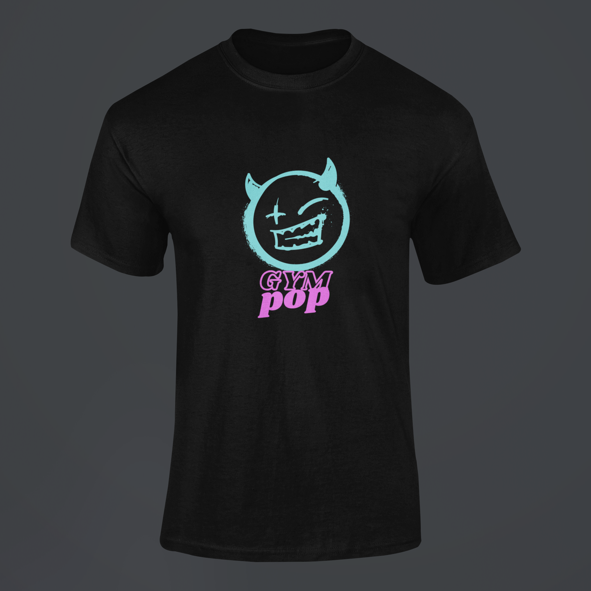 Ghosted Neon Devil Signature Tee by Gympop displayed on a customizable background, showcasing a stylish graphic t-shirt design.