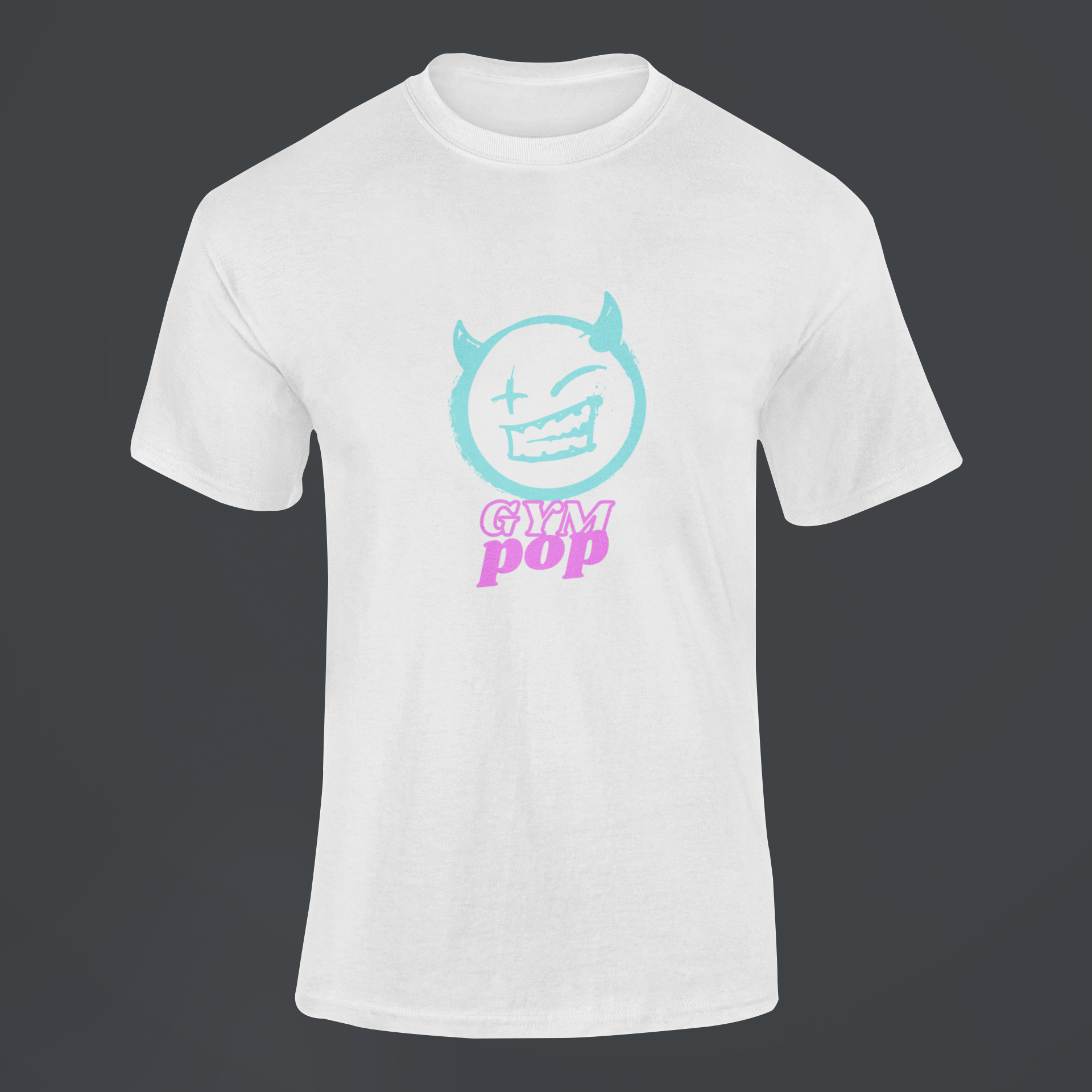 Gympop Neon Devil Signature Tee mockup featuring a ghosted graphic on a customizable background.