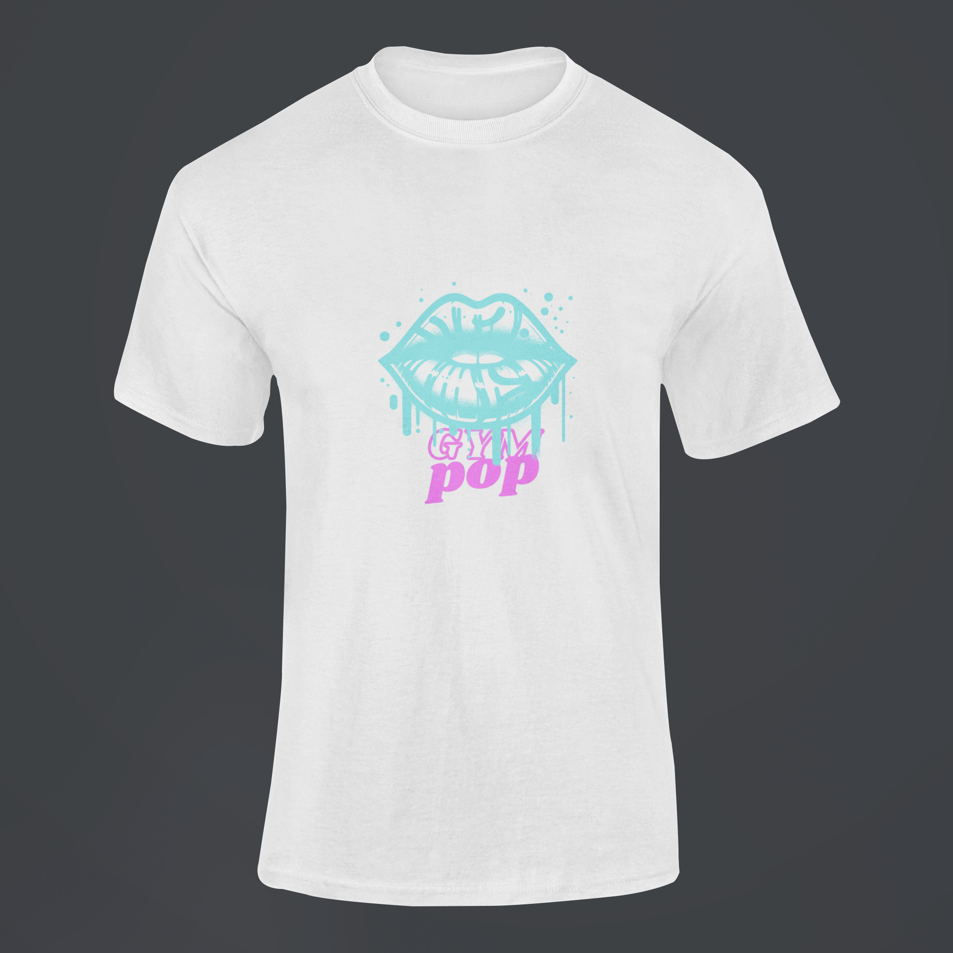 Gray graffiti lips signature T-shirt by Gympop shown on customizable background with ghosted design and bold graphic print.