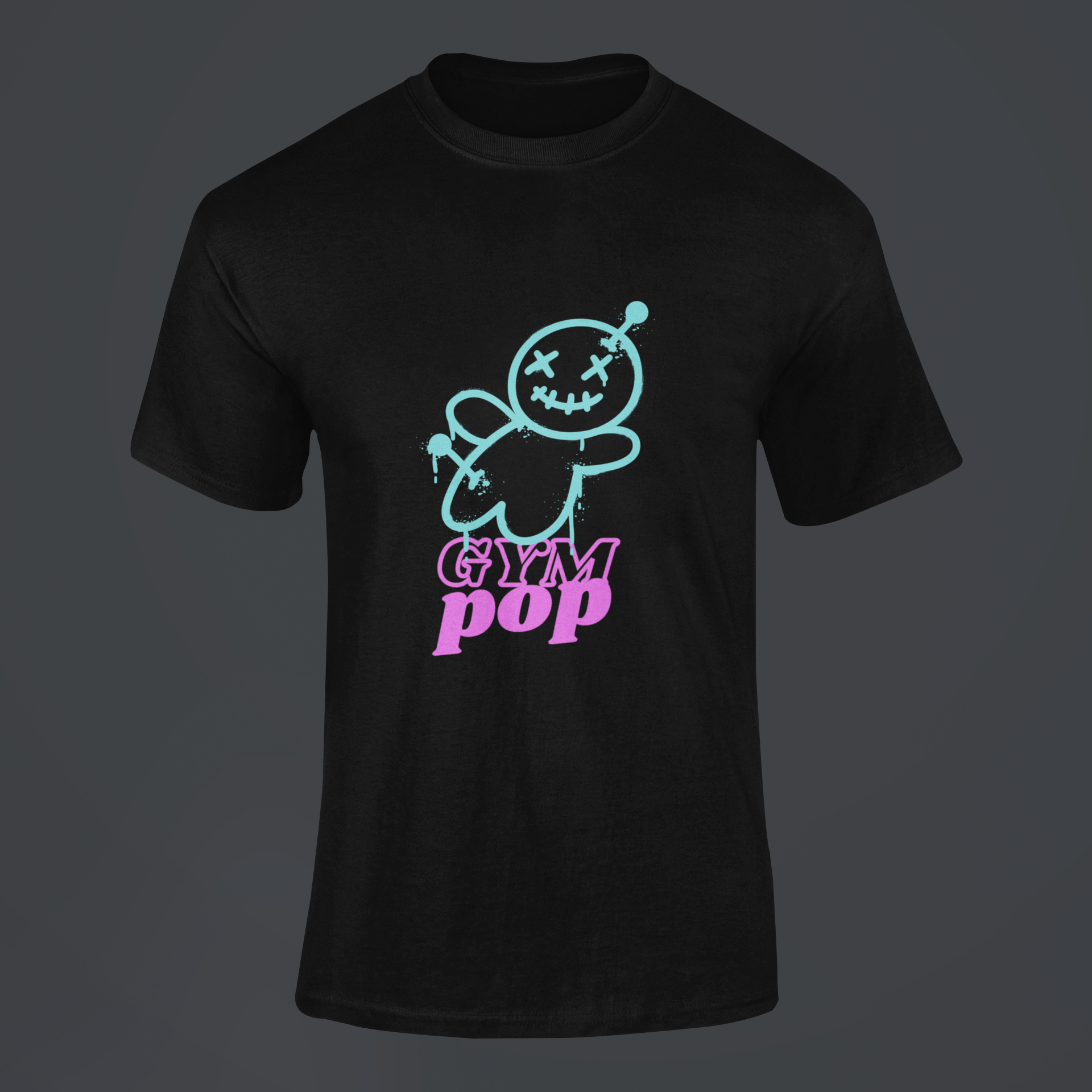 Gympop Graffiti Voodoo Signature T-shirt mockup featuring ghosted design against customizable background.