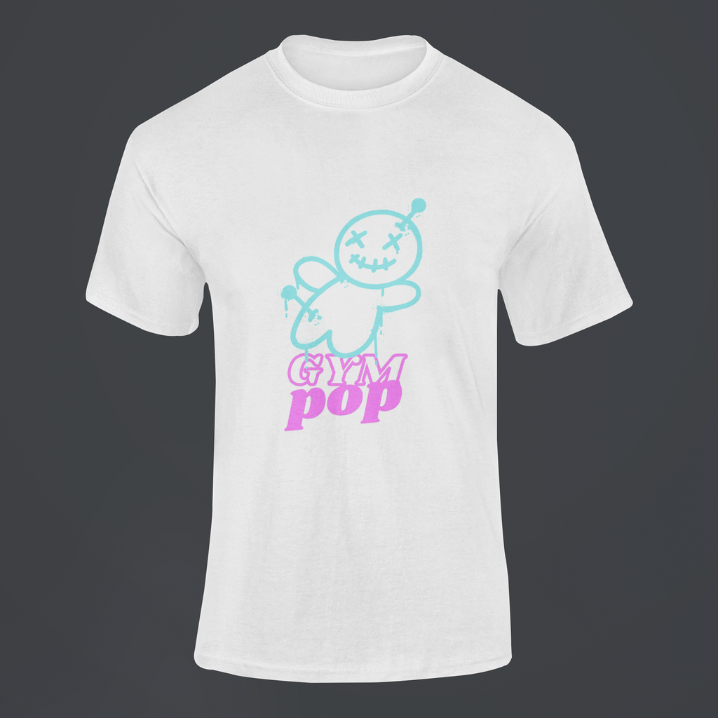 Graffiti Voodoo Signature Gympop T-shirt mockup featuring ghosted design on customizable background.