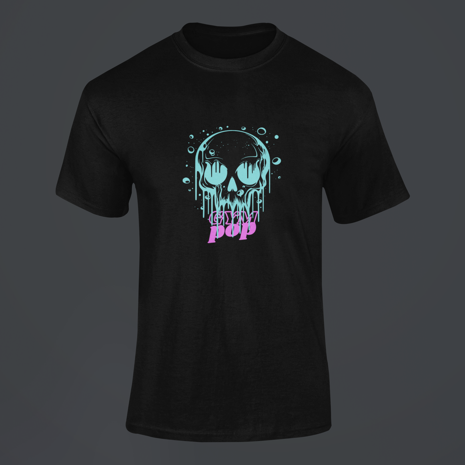 Gympop Graffiti Bubble Skull Signature Tee mockup featuring a ghosted T-shirt design against a customizable background.