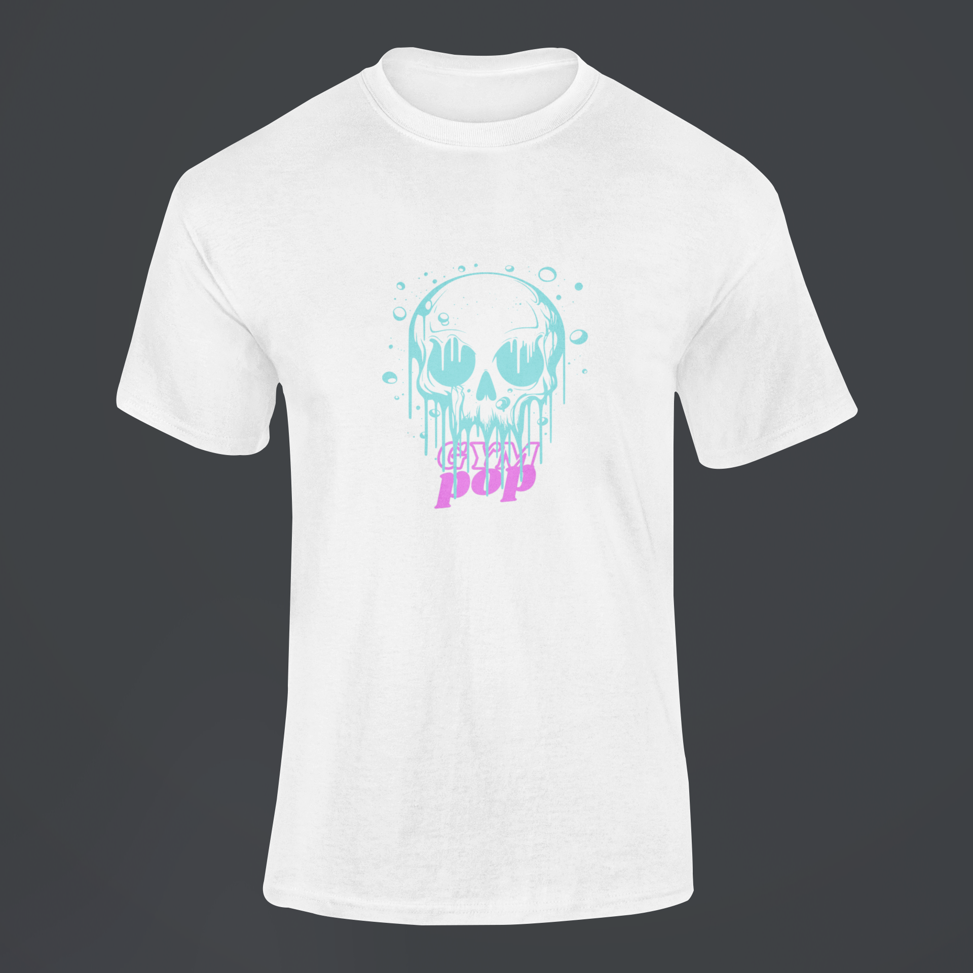 Gympop graffiti bubble skull signature T-shirt mockup featuring a ghosted skull design on a customizable background.