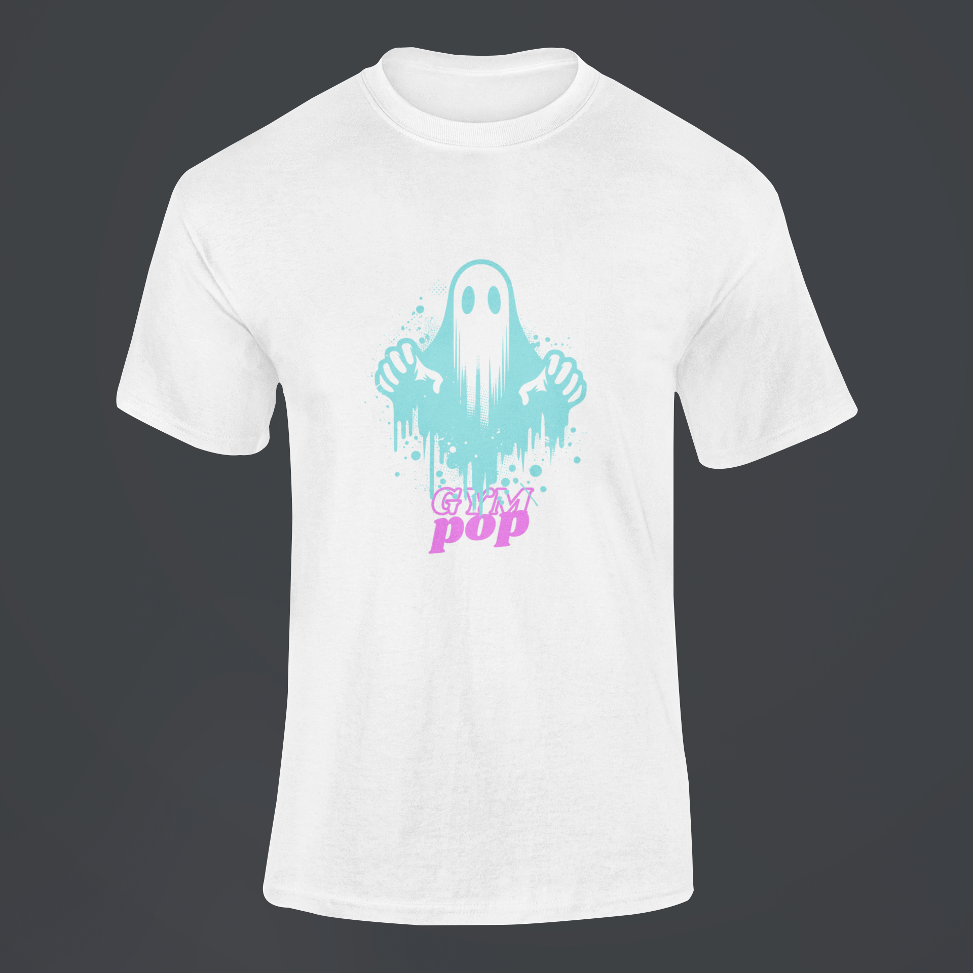 Gympop Graffiti Ghost Signature Tee mockup featuring ghosted graphic on customizable background.