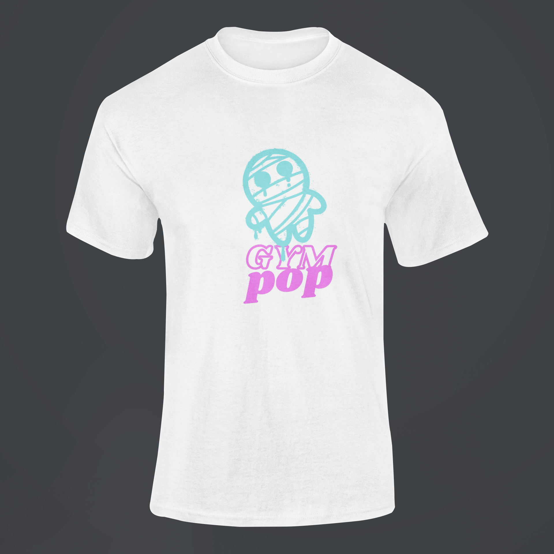 Graffiti Mummy Signature Tee by Gympop displayed on a customizable background, showcasing the ghosted ghost design on a casual T-shirt.