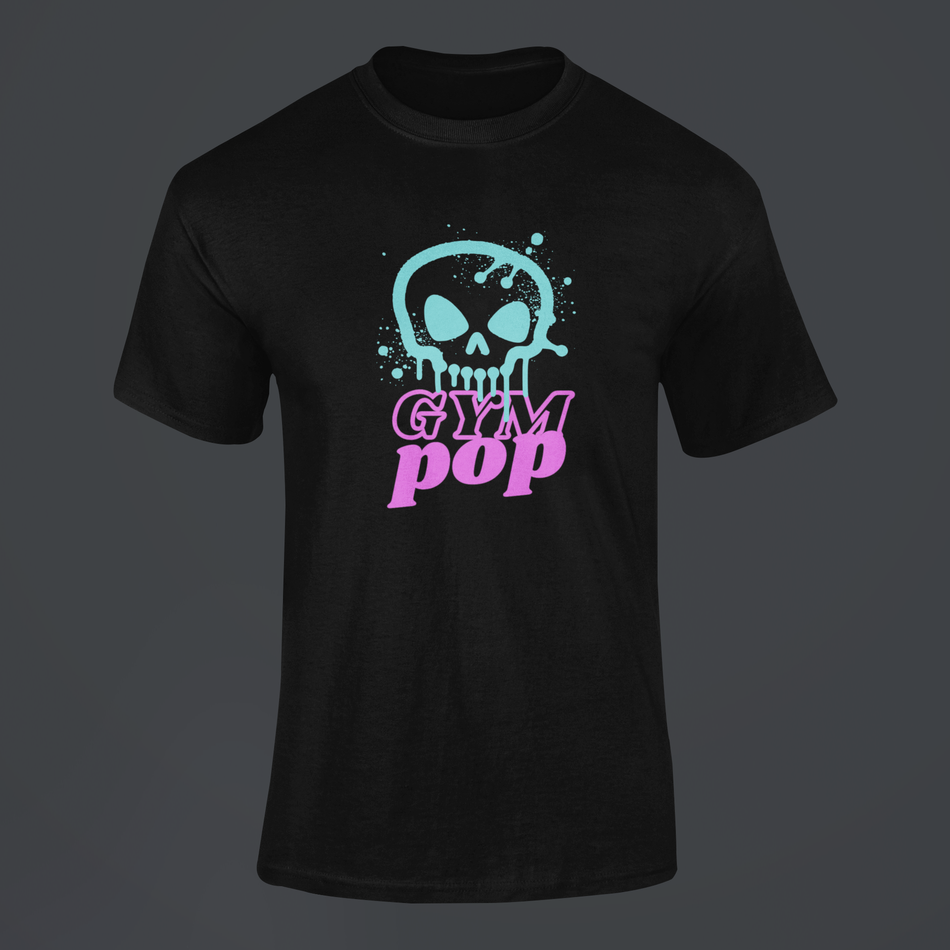 Gray graffiti skull signature T-shirt by Gympop displayed against a customizable background, showcasing the graphic design.