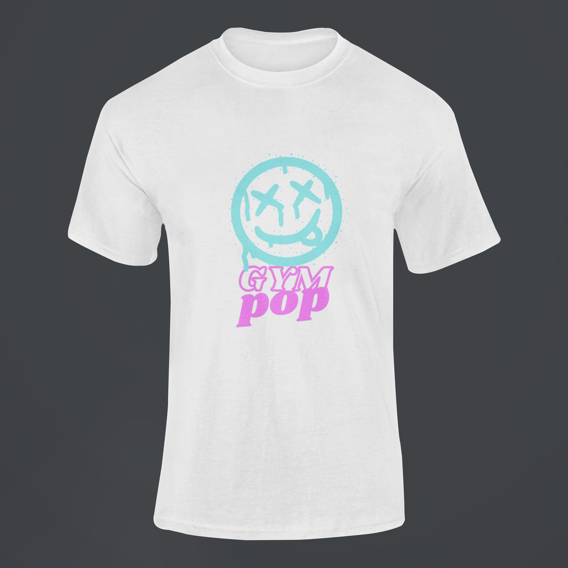 Gympop Graffiti Smiley Signature Tee mockup featuring a ghosted T-shirt design against a customizable background.