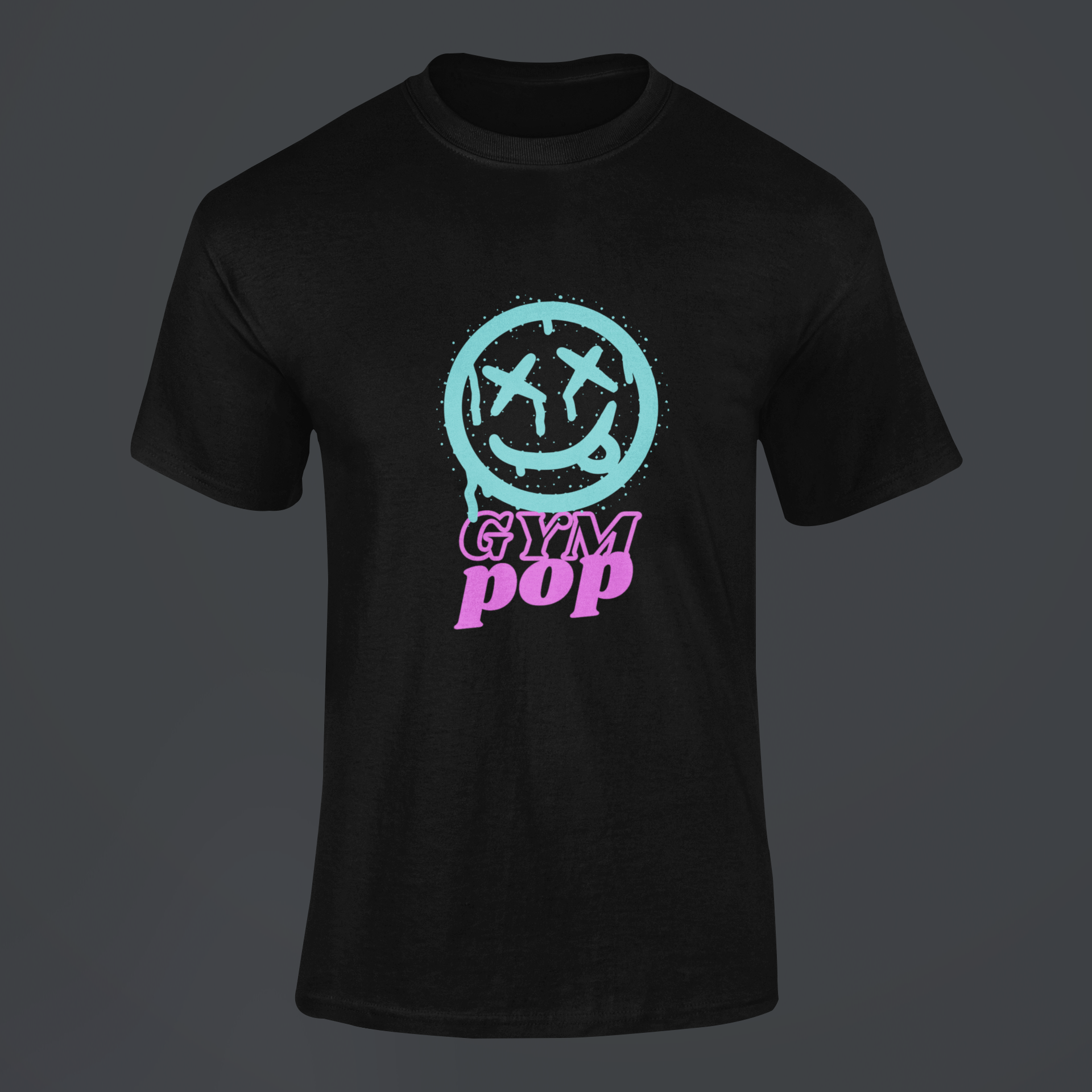 Gympop Graffiti Smiley Signature Tee mockup featuring a ghosted t-shirt design on a customizable background.