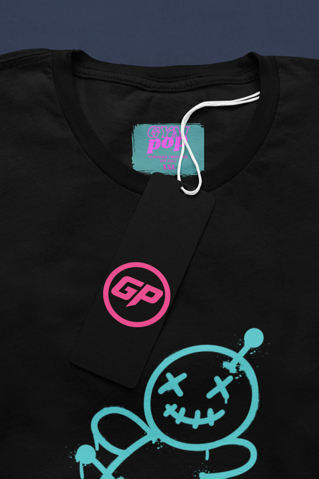 Gympop Graffiti Voodoo Signature T-shirt mockup featuring a round neck and a paper tag on a casual tee.