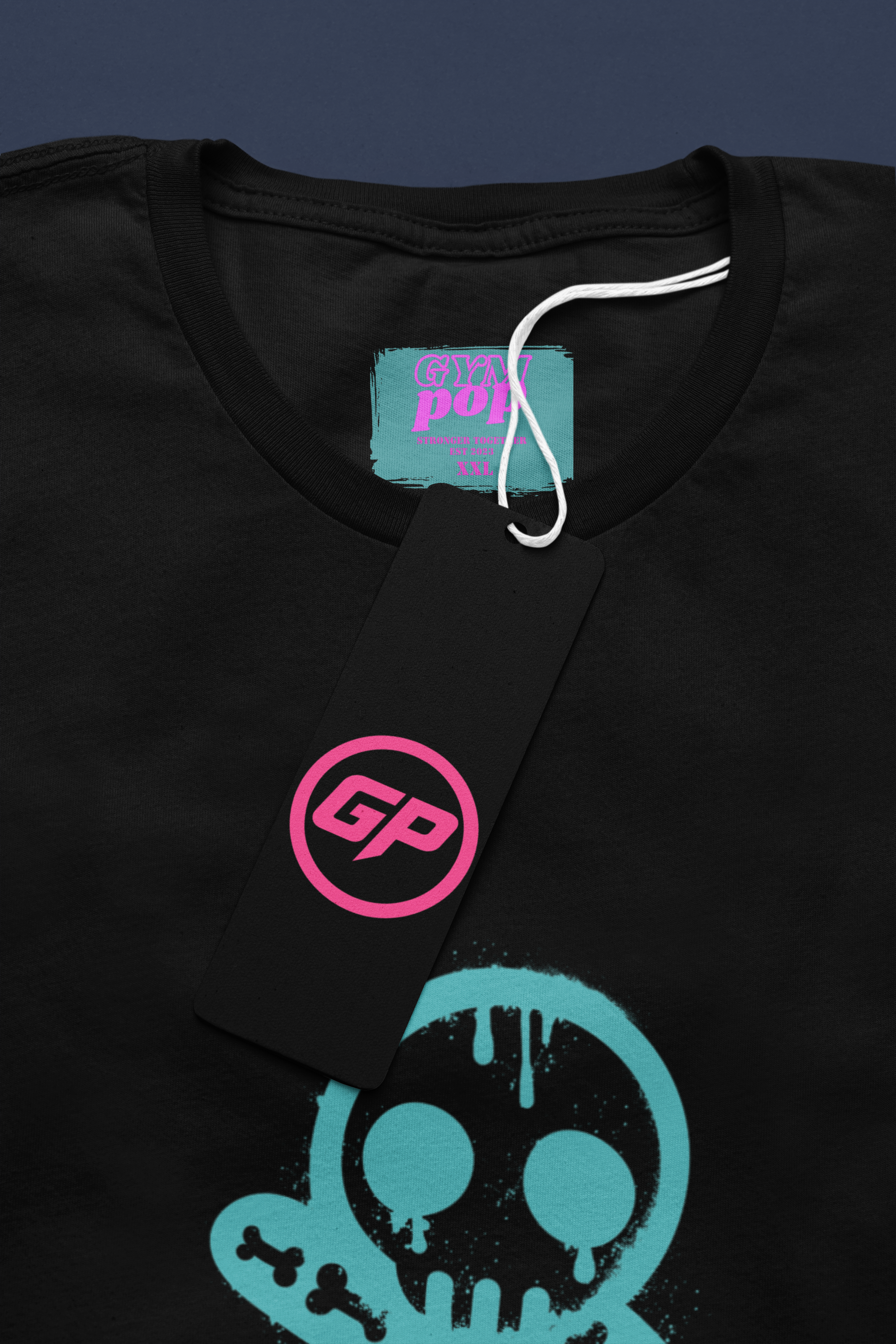 Gympop Graffiti Zombie Signature T-shirt mockup featuring a round neck and a paper tag on a white background.
