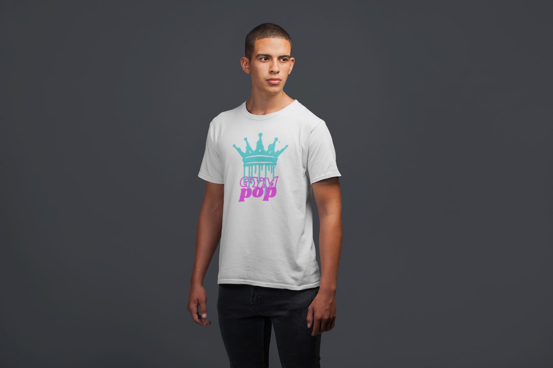 Young man wearing Gympop Graffiti Crown Signature Tee, showcasing a casual t-shirt with bold graffiti crown design.