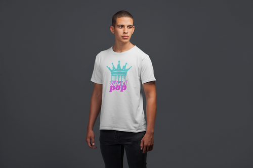 Young man wearing Gympop Graffiti Crown Signature Tee, showcasing a casual t-shirt with bold graffiti crown design.