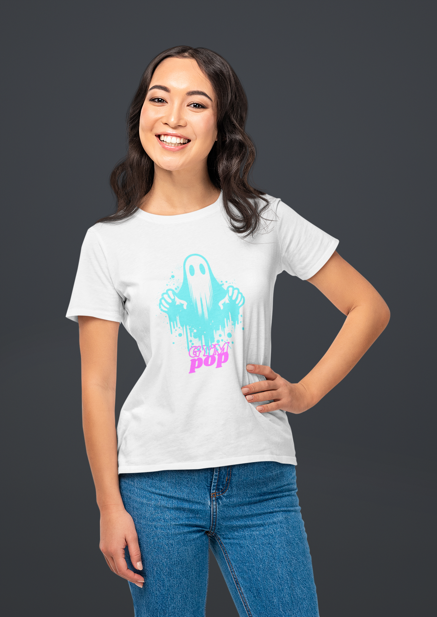 Gympop Graffiti Ghost Signature Tee on a joyful woman posing in a studio, showcasing the stylish t-shirt design.