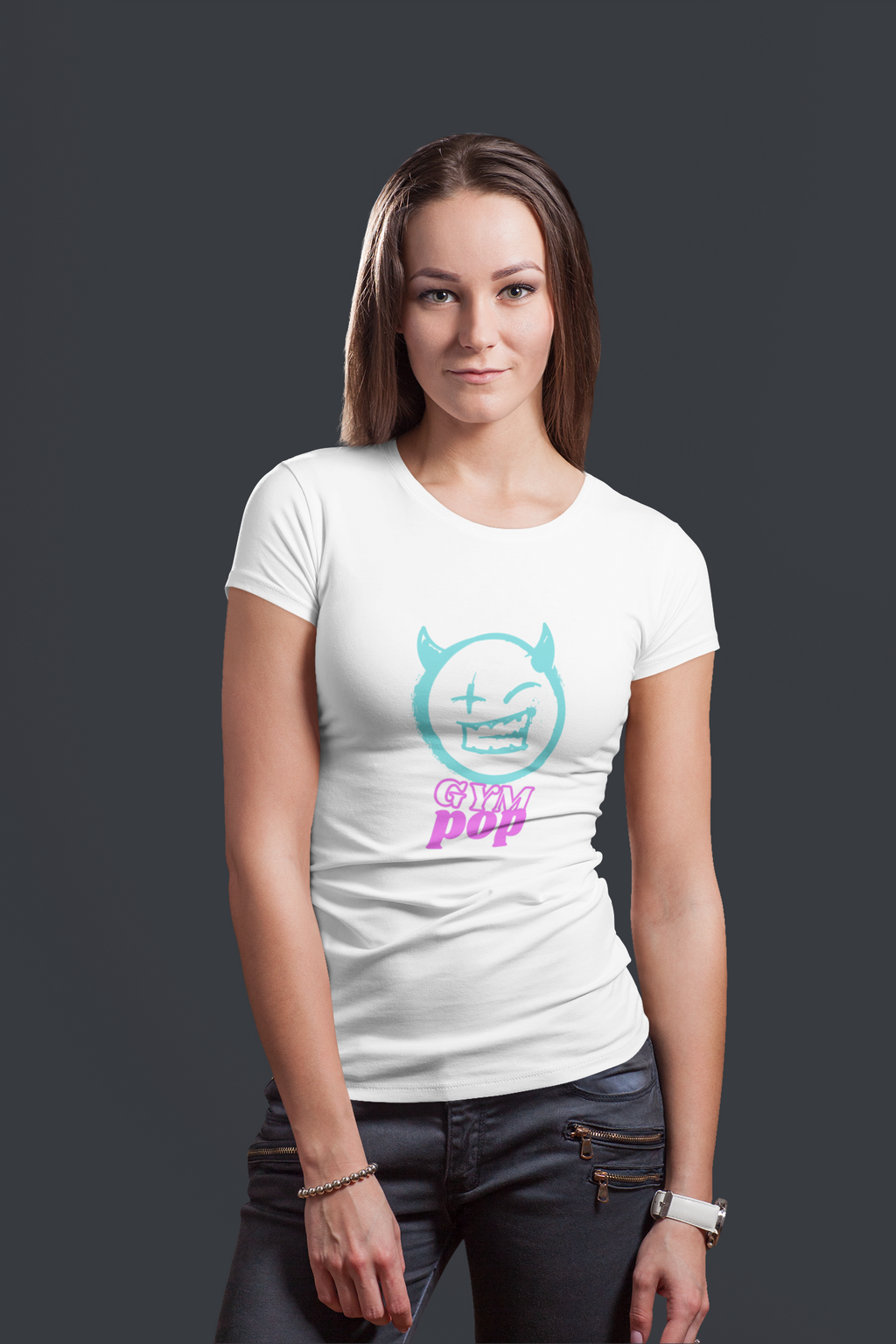 Gympop Neon Devil Signature Tee featuring a long-haired woman posing against a colorful backdrop