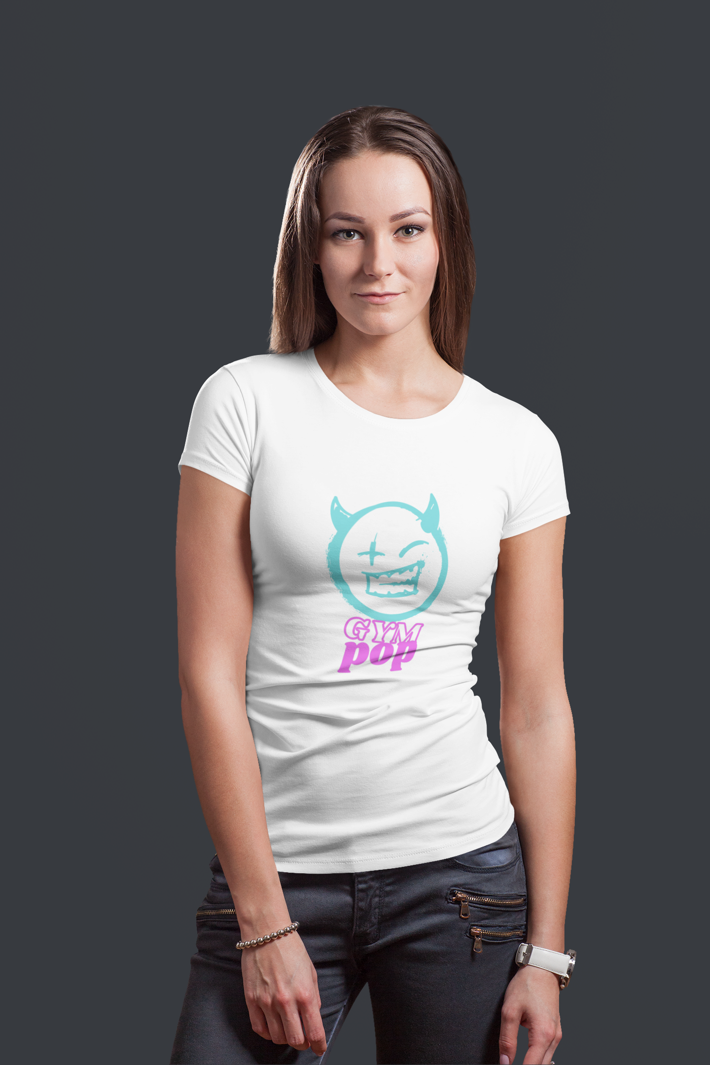 Gympop Neon Devil Signature Tee featuring a long-haired woman posing against a colorful backdrop