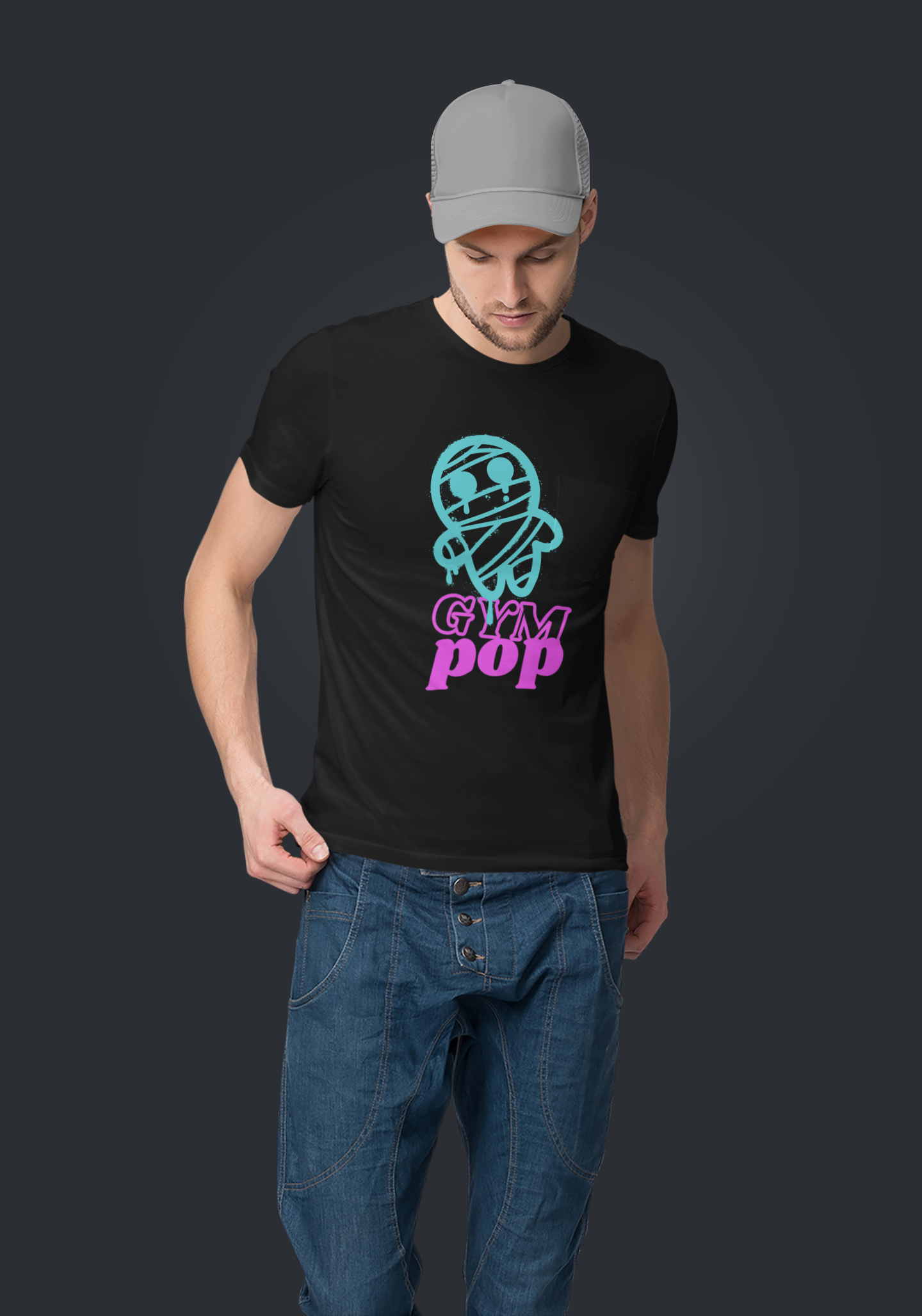 Young man wearing Gympop Graffiti Mummy Signature Tee, posing in a studio with a casual, urban-inspired graphic t-shirt.